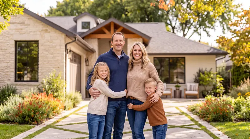 A family in front of their home